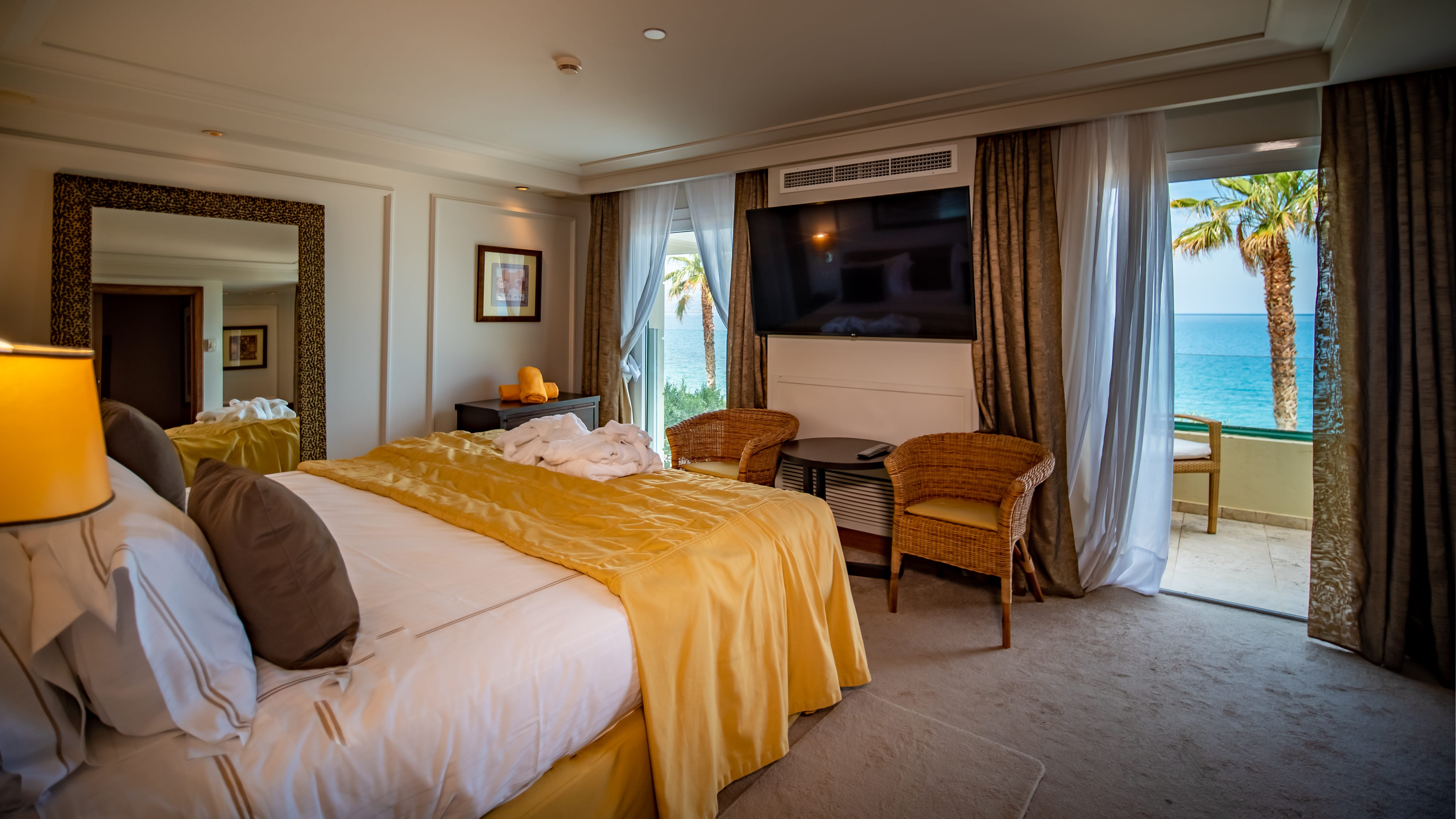 a hotel room with a large bed