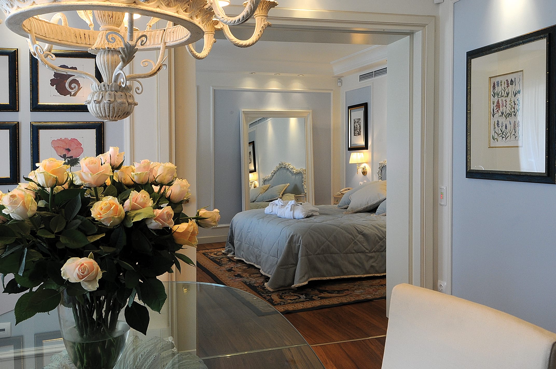 a bedroom with a large mirror