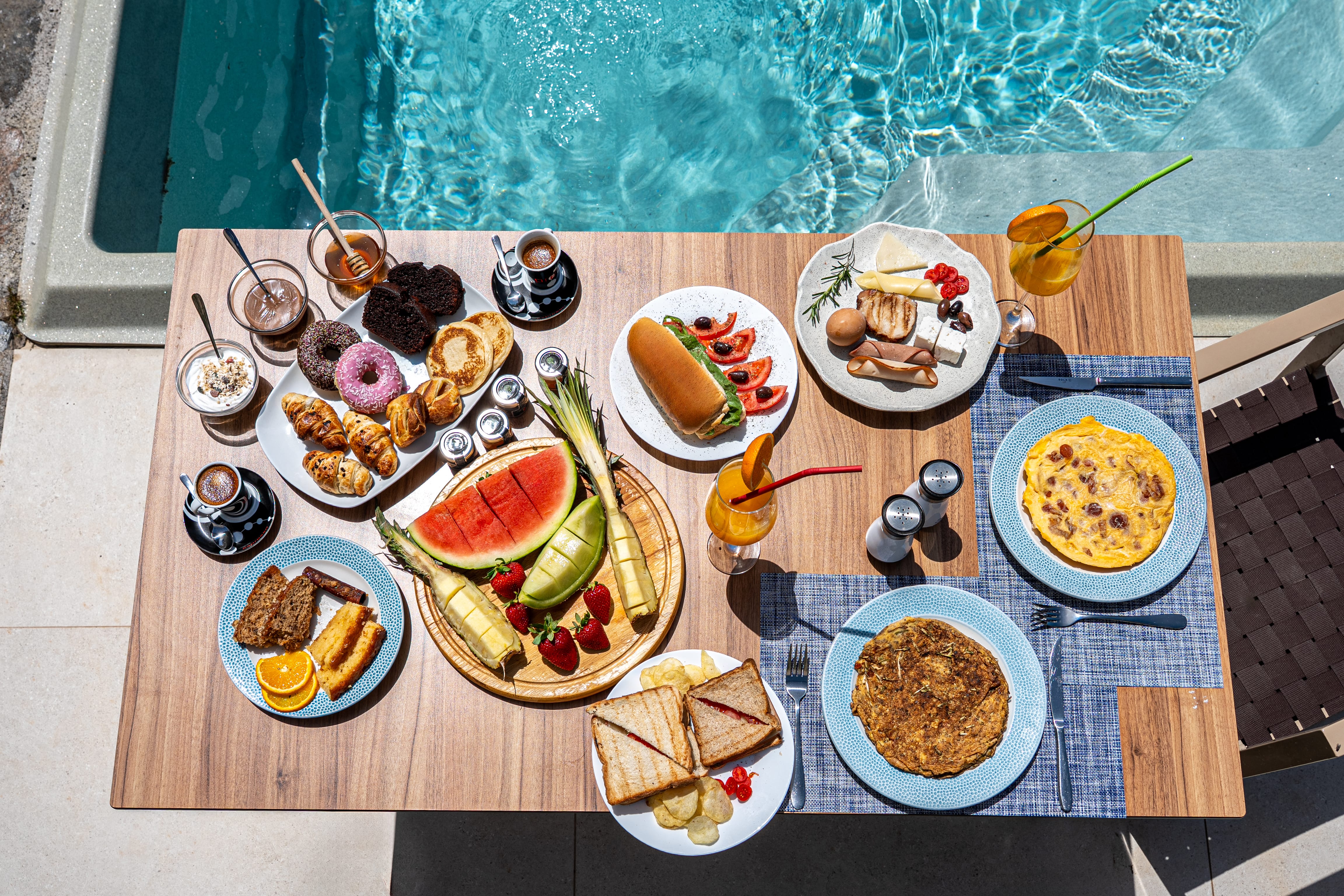 a table is filled with food
