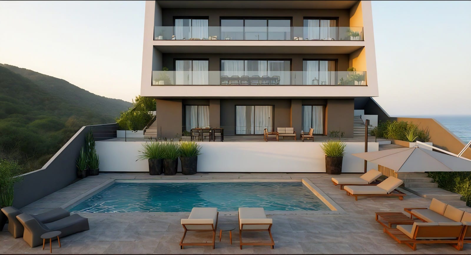 a swimming pool outside a building