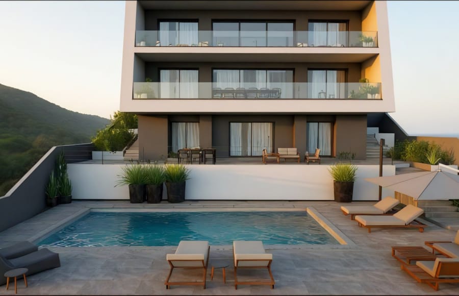 a swimming pool outside a building