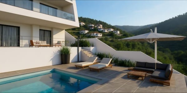 a pool and a building