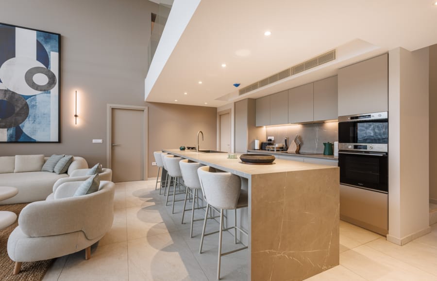 a kitchen and living room