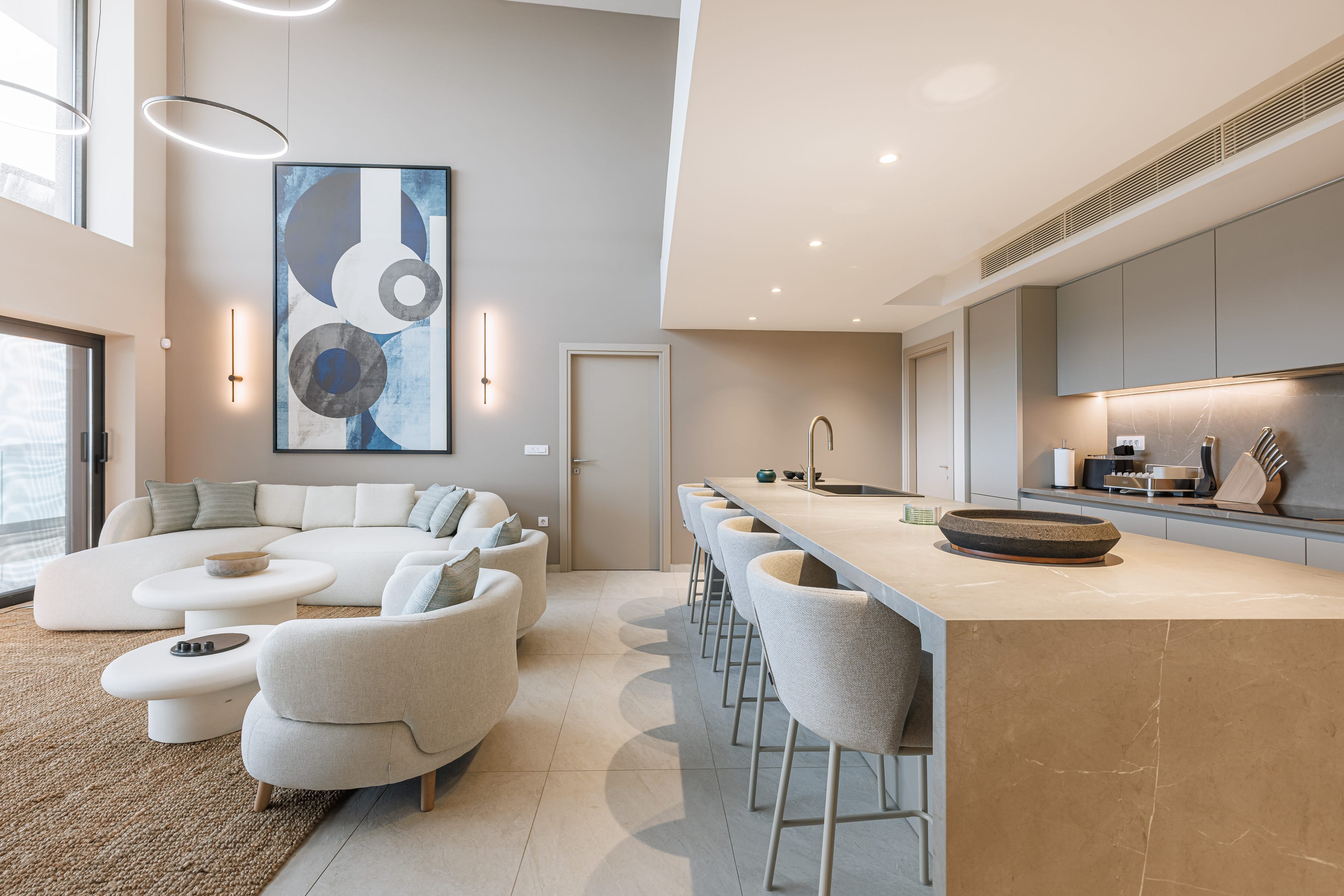 a kitchen and living room