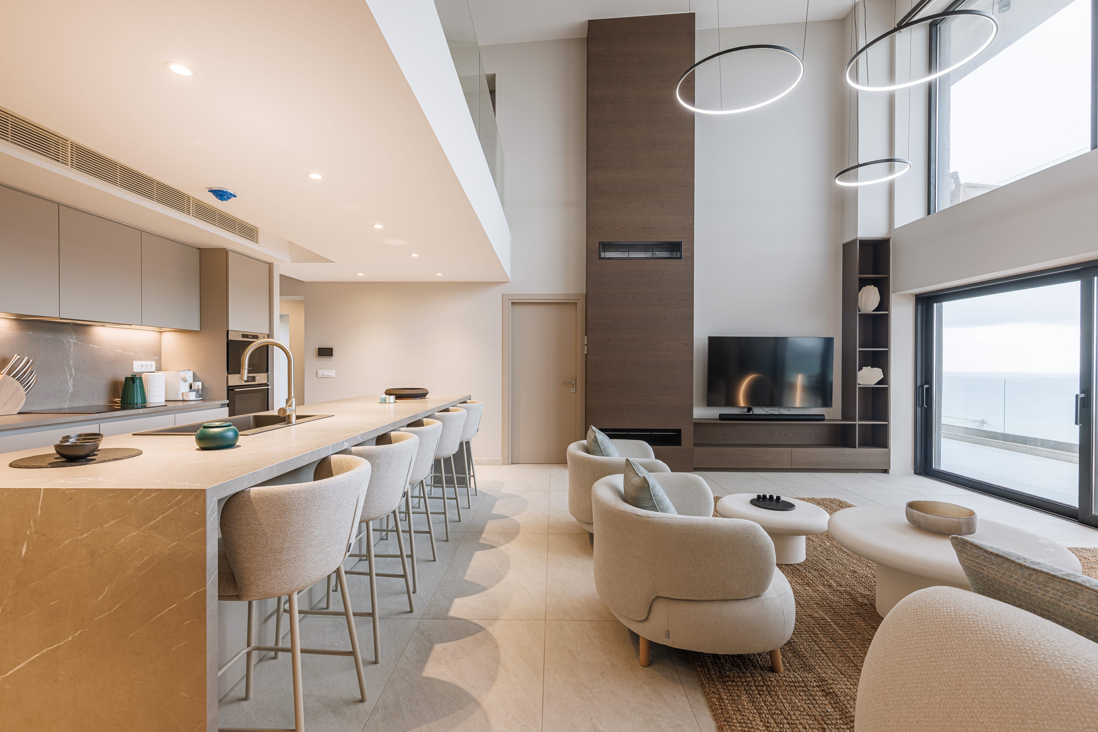 a large kitchen with a fireplace