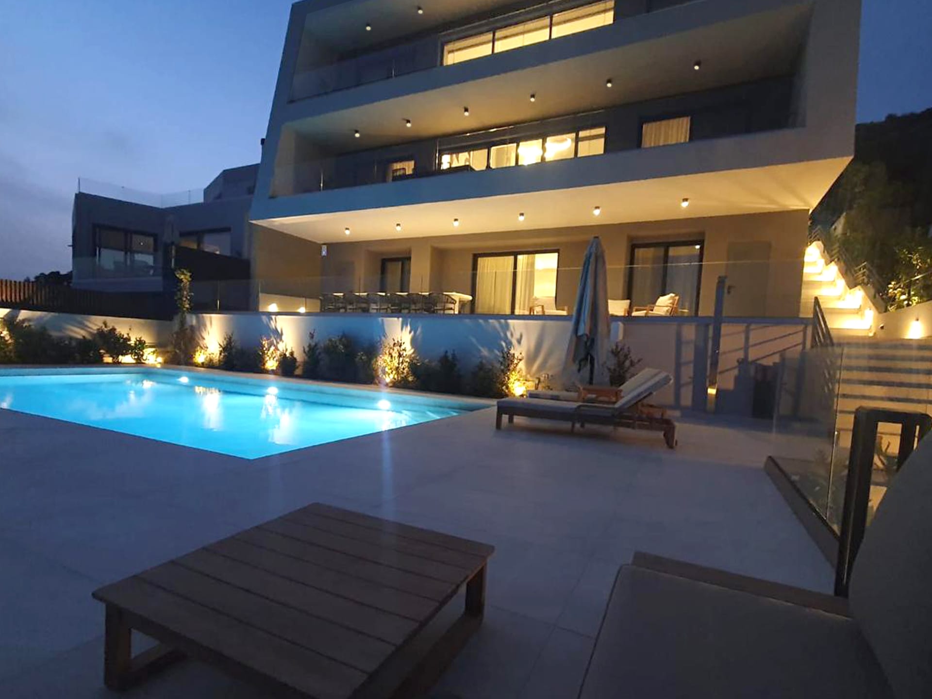 a pool in front of a building