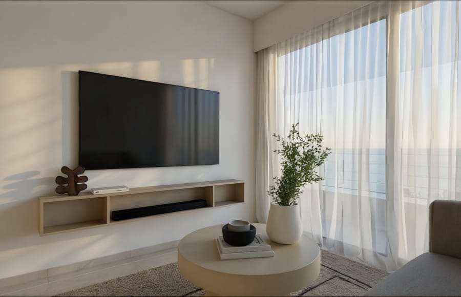 a room with a tv and a table with plants on it