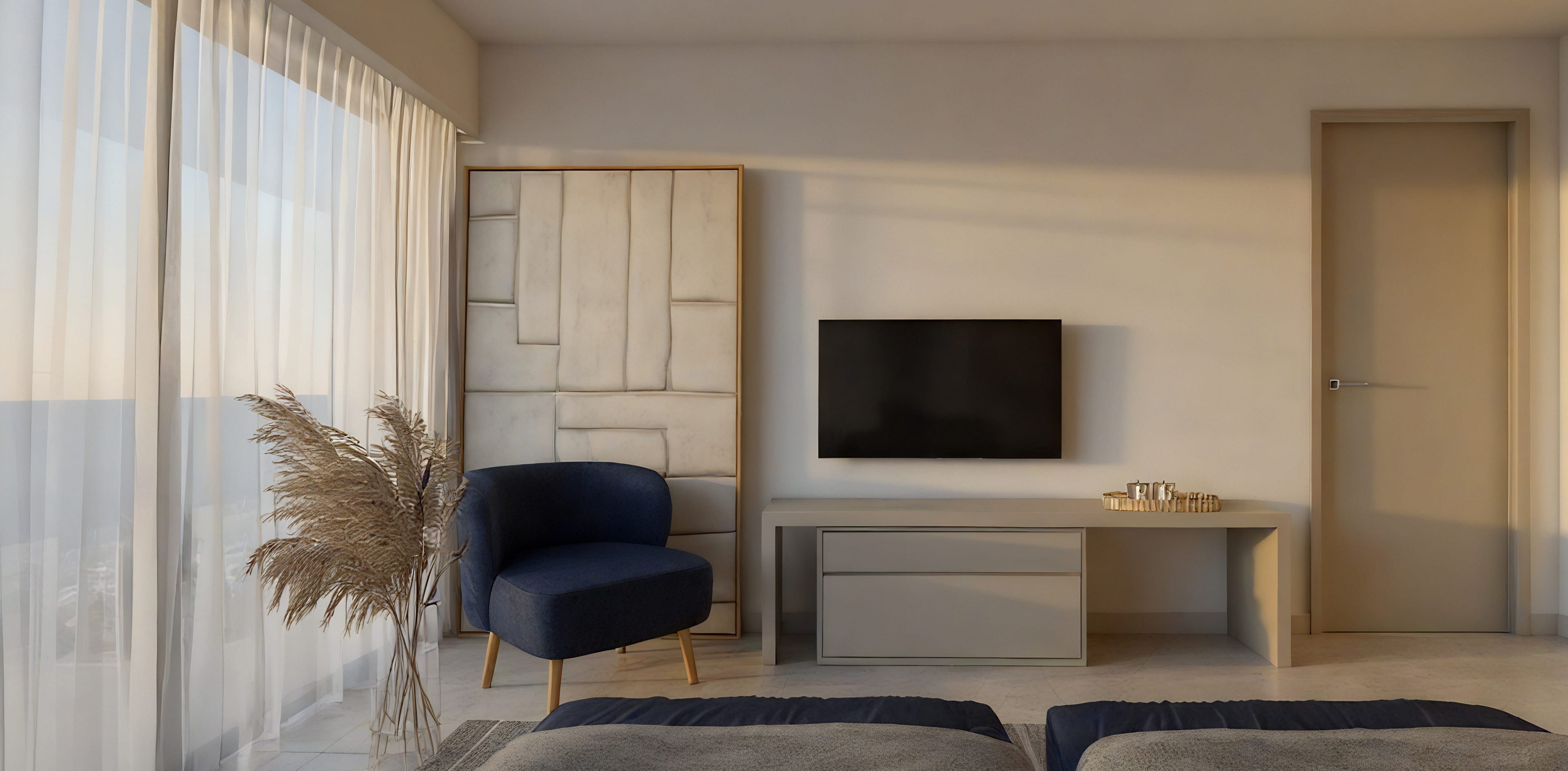 a room with a tv and a chair