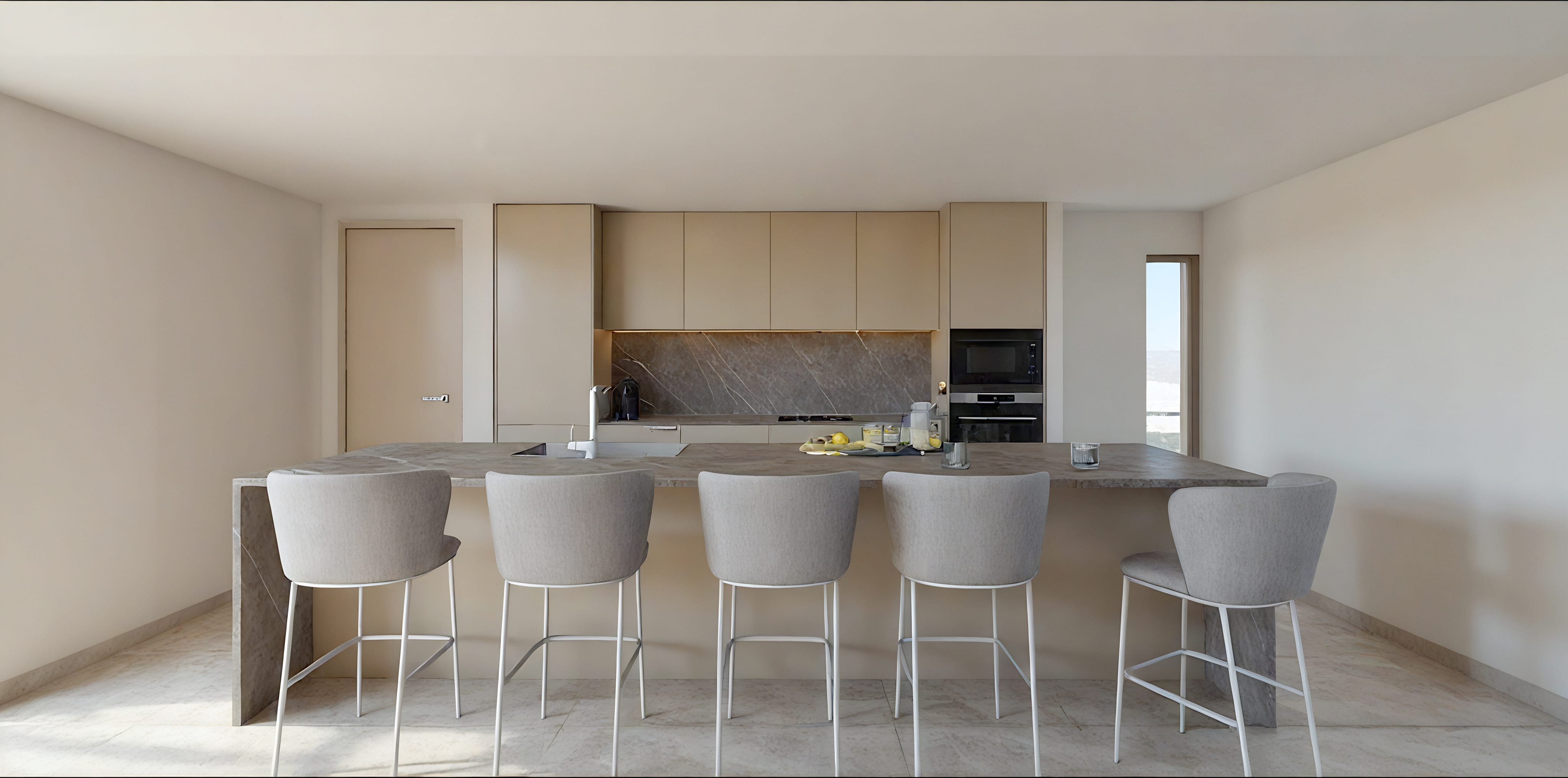 a kitchen with white chairs