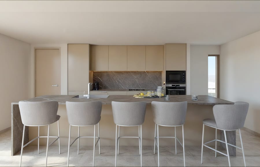 a kitchen with white chairs