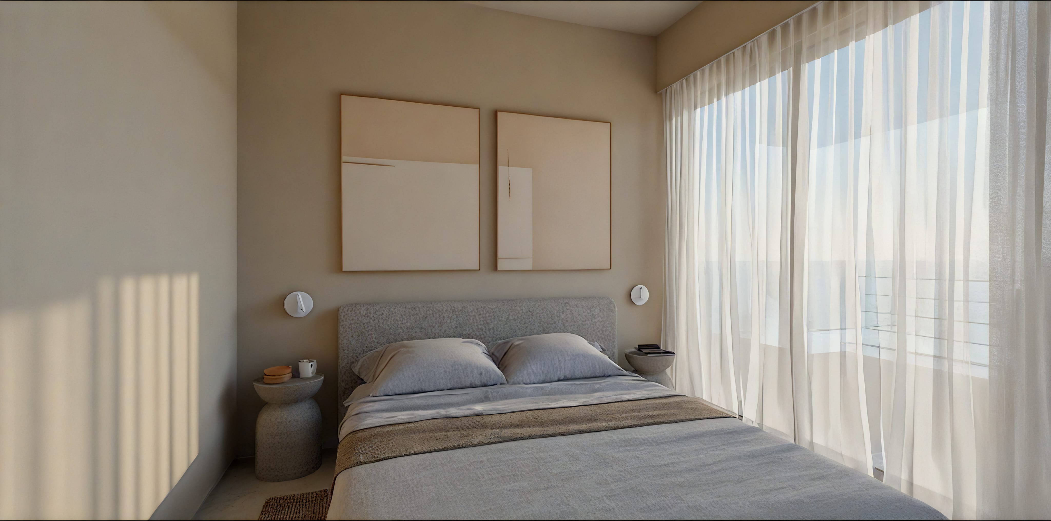 a bed with a white curtain