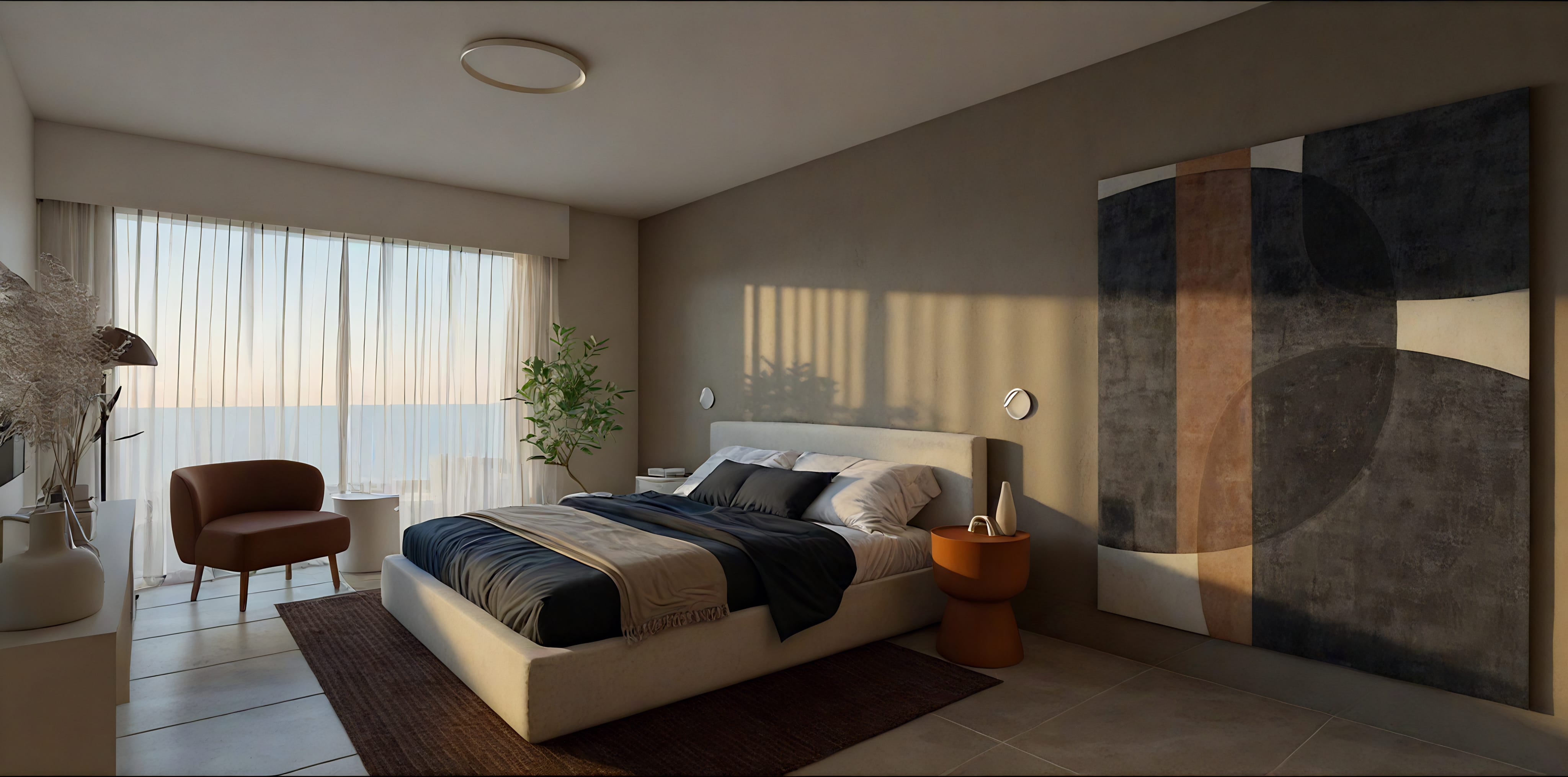 a bedroom with a bed and chairs