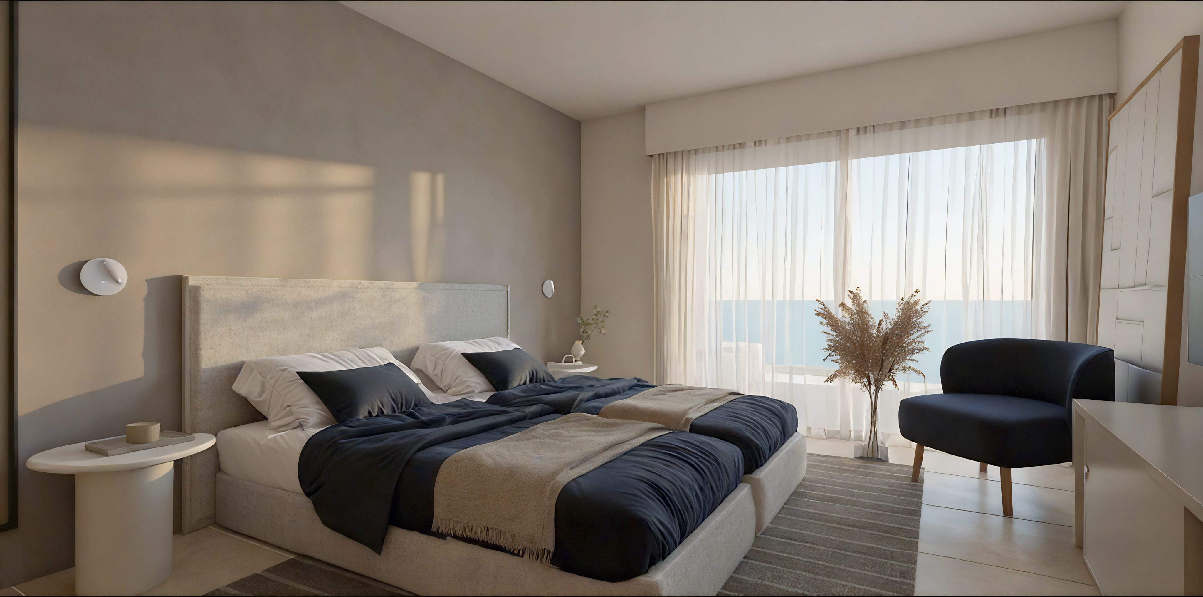 a bedroom with a bed and a chair