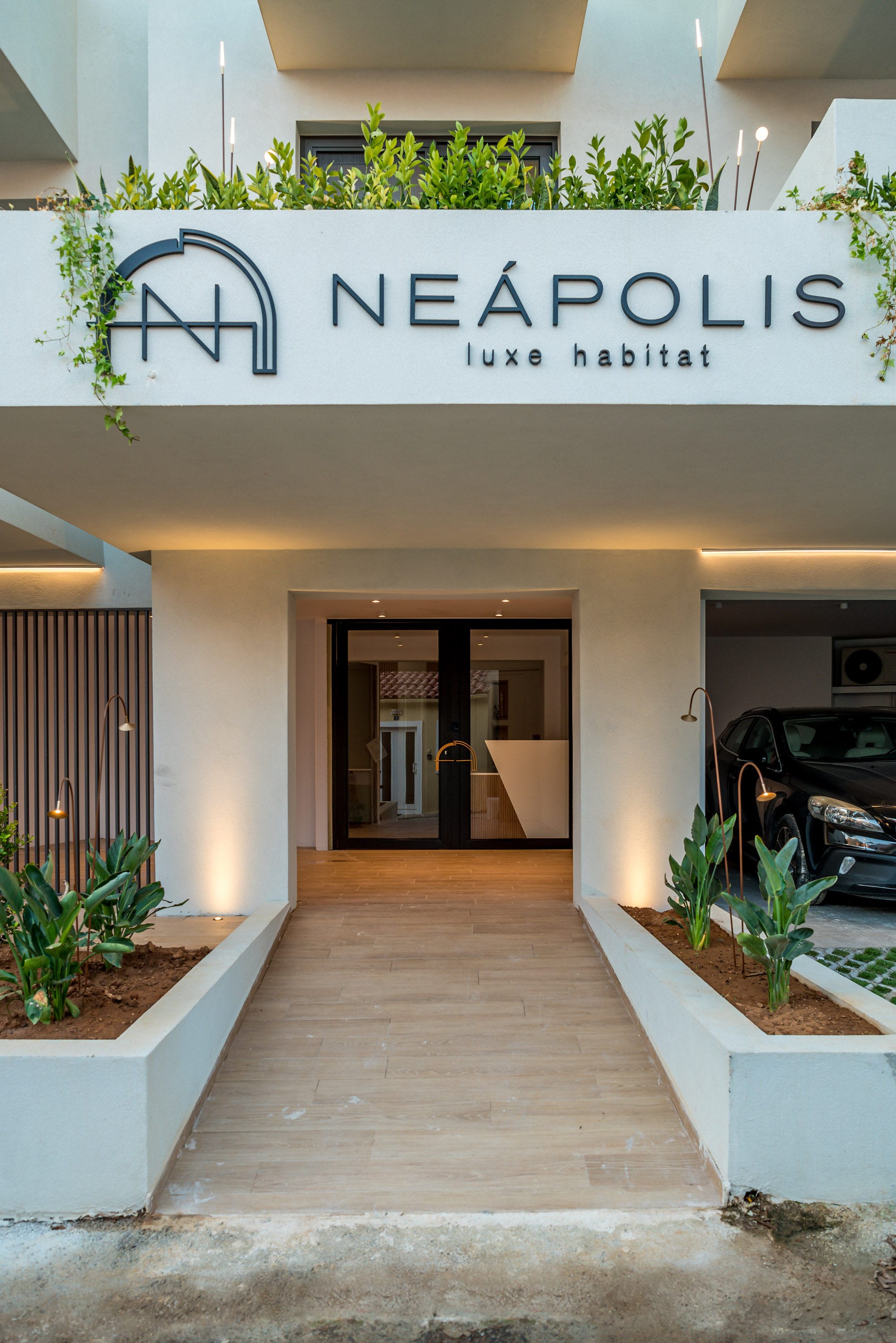 a hallway with a sign above it