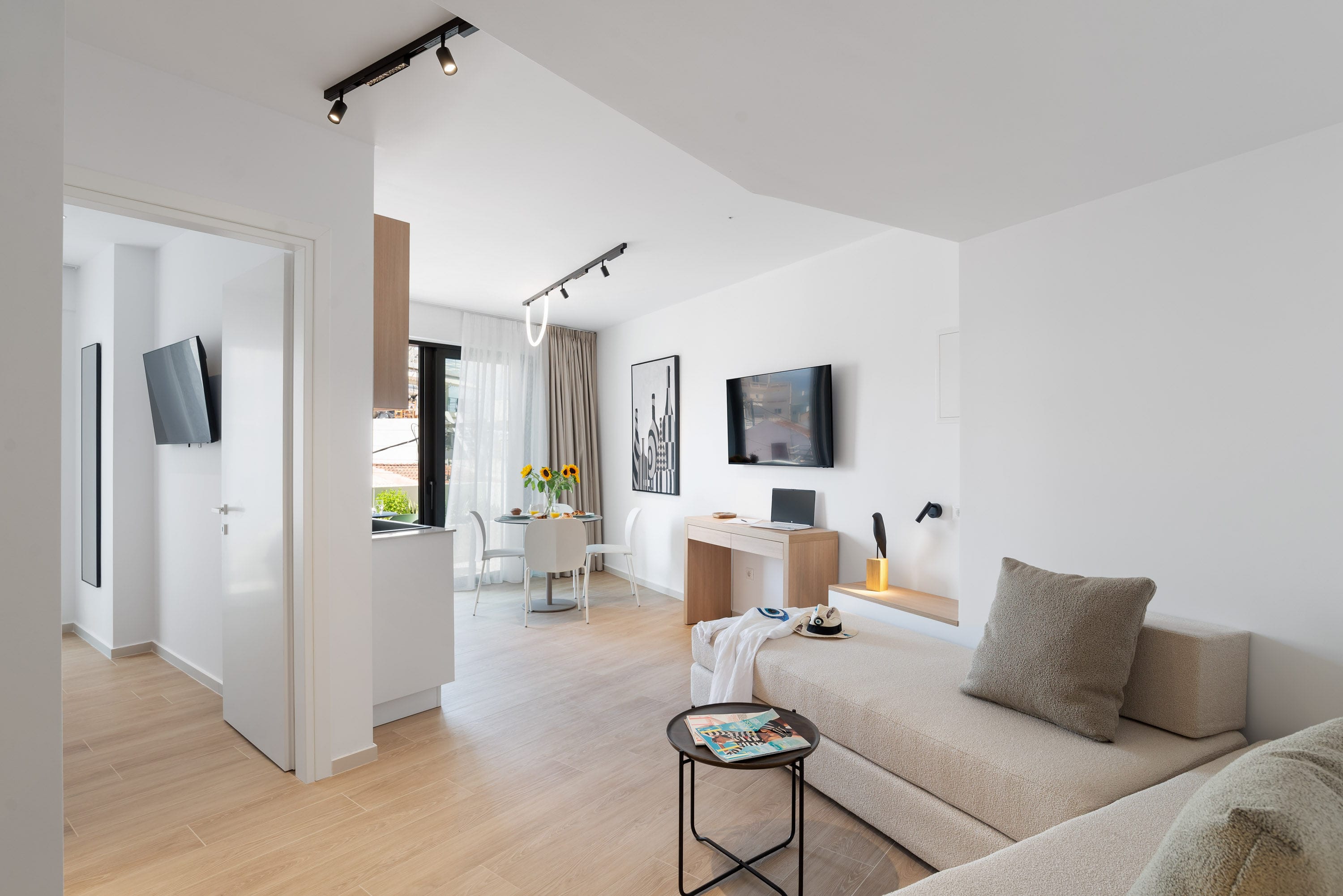 a living room with a wood floor