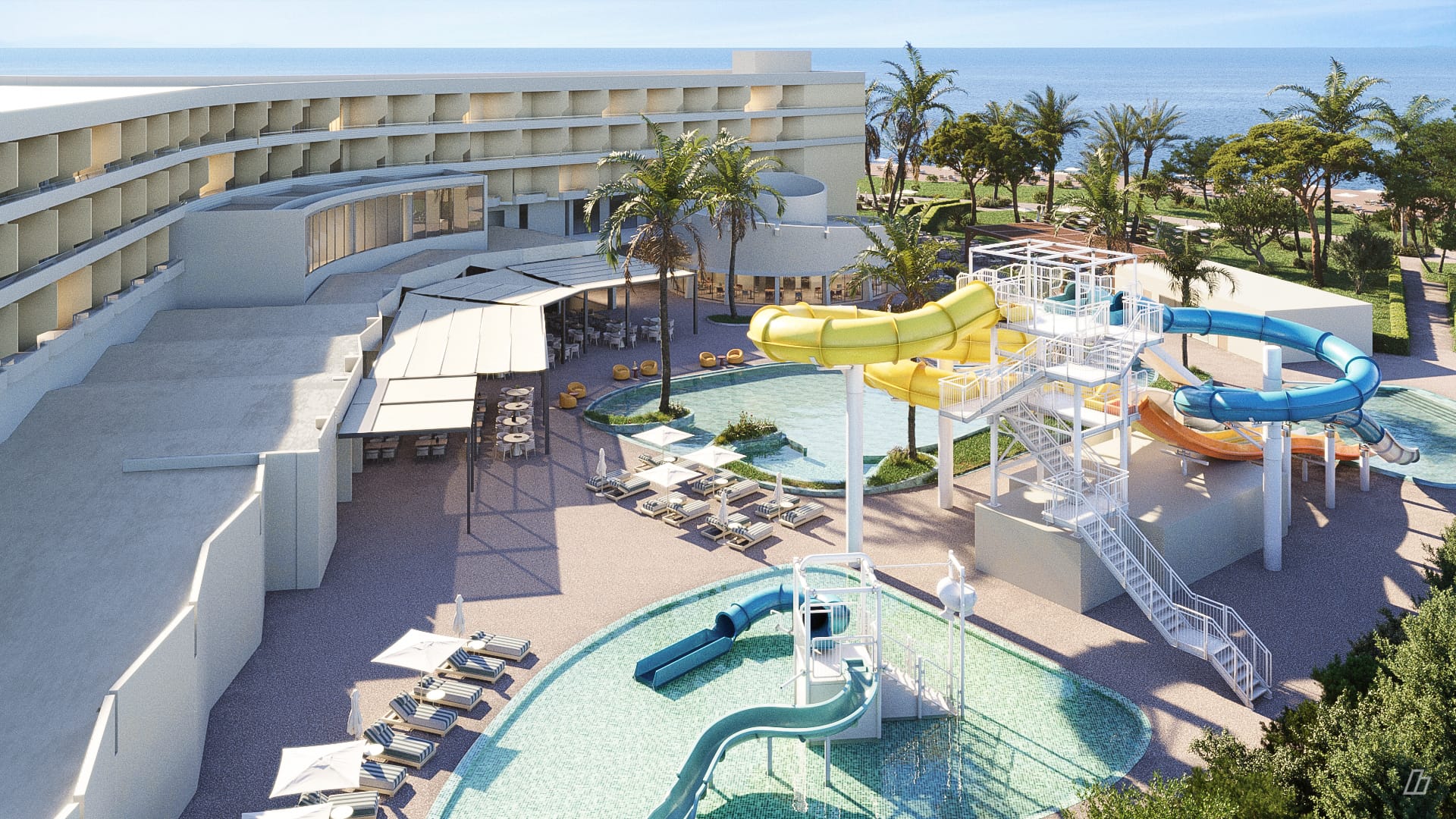 a water park with a slide and a pool