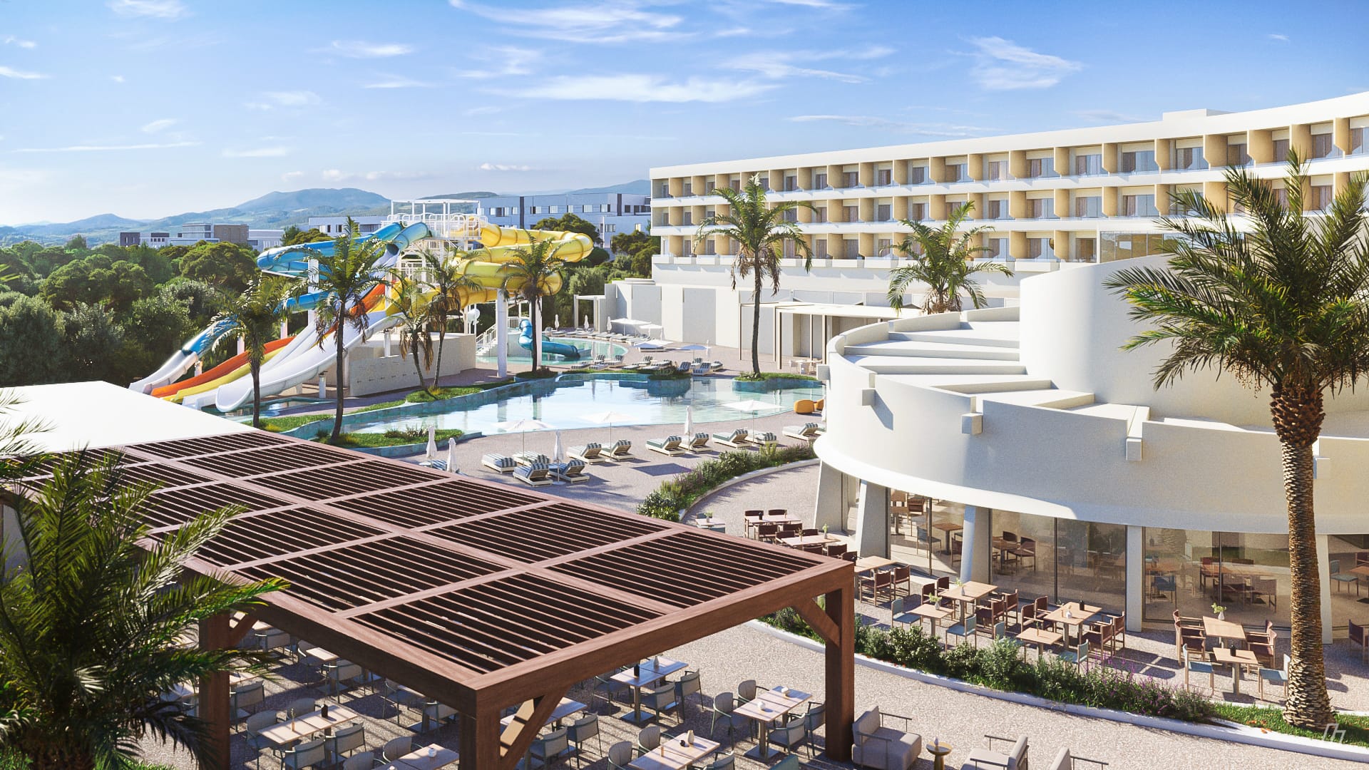 a pool and a building with palm trees