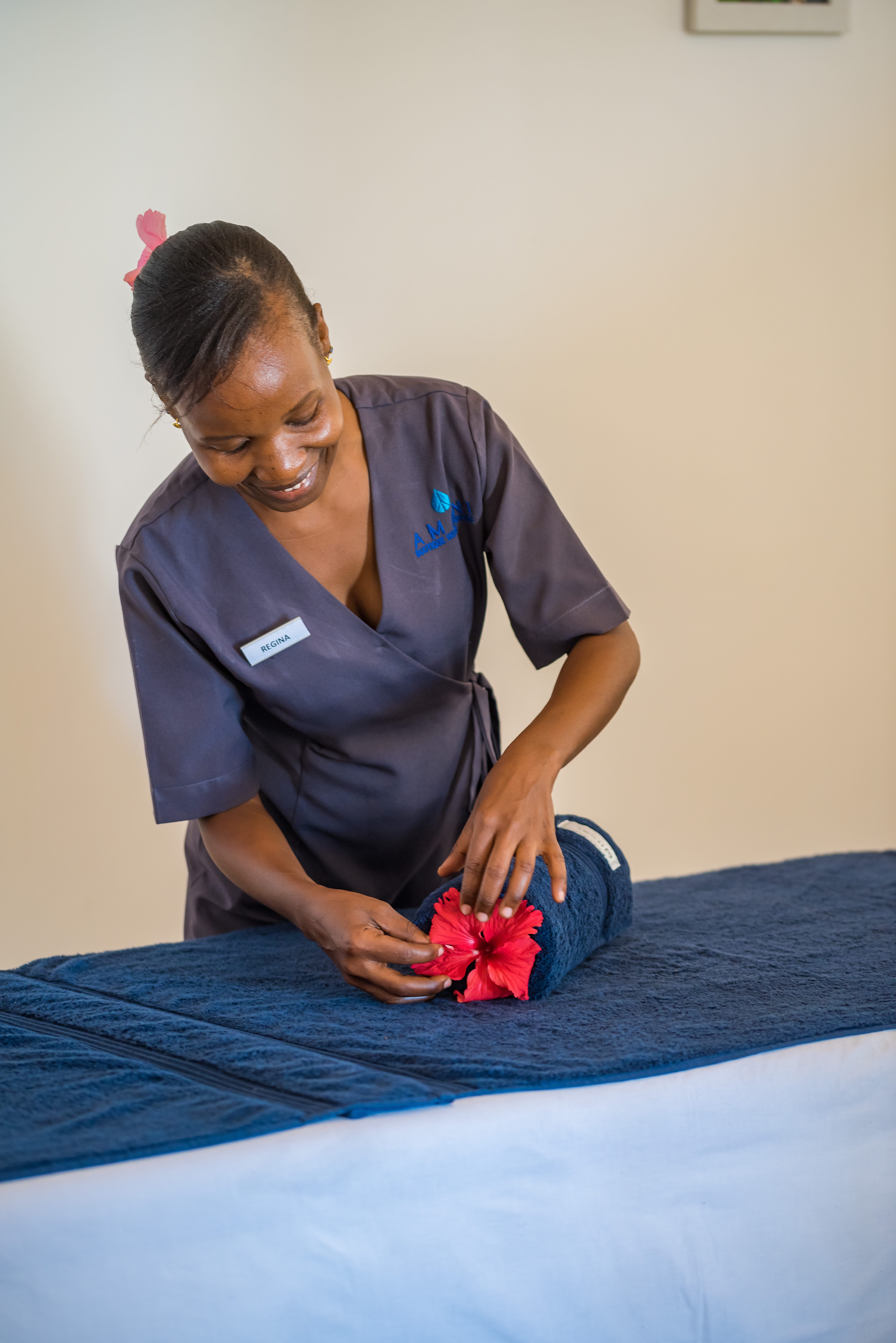 a person kneeling on a bed