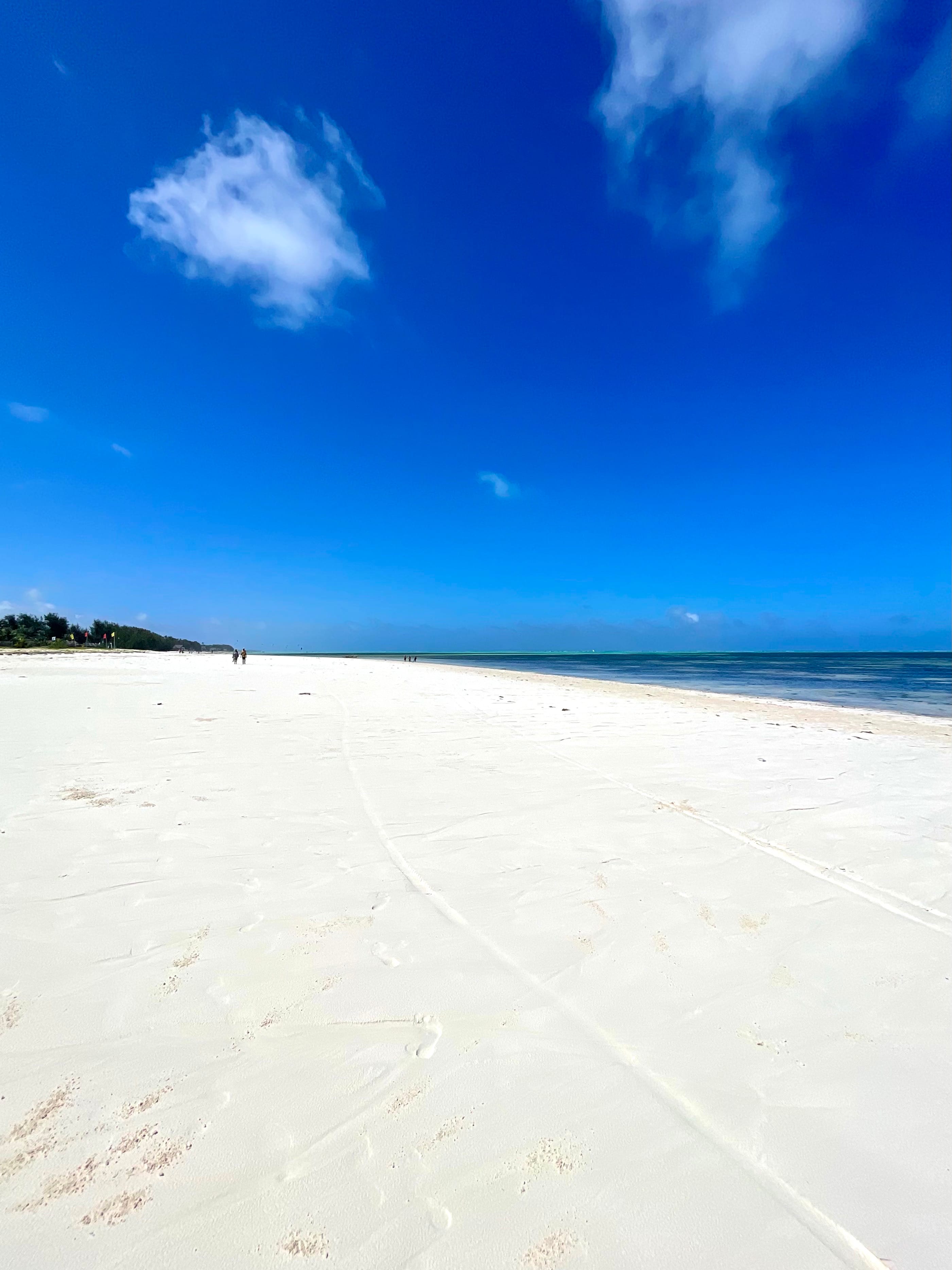 a sandy beach with a person walking on it