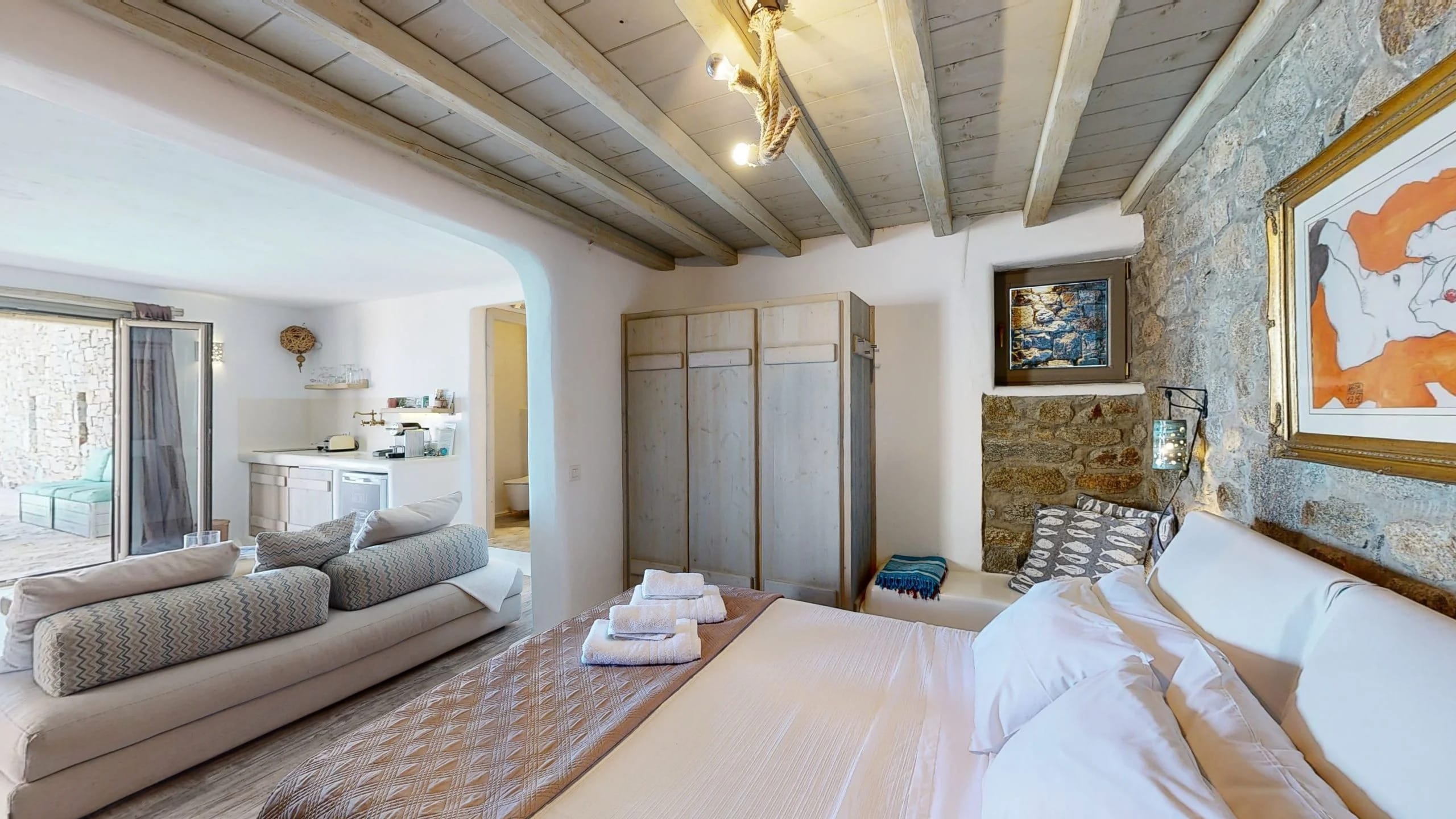 a bedroom with a fireplace