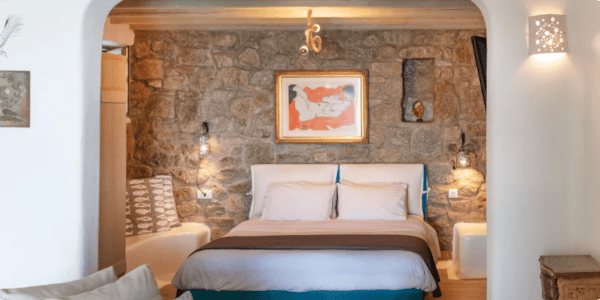 a bedroom with a bed and a fireplace