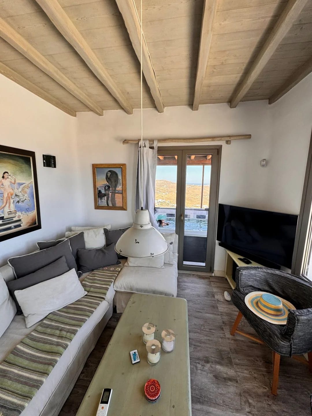 a living room with a couch and a table