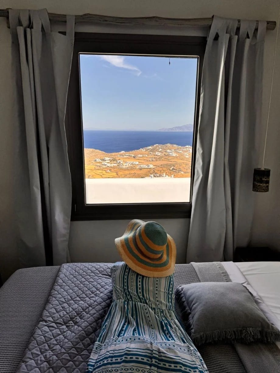 a person in a mask looking out a window