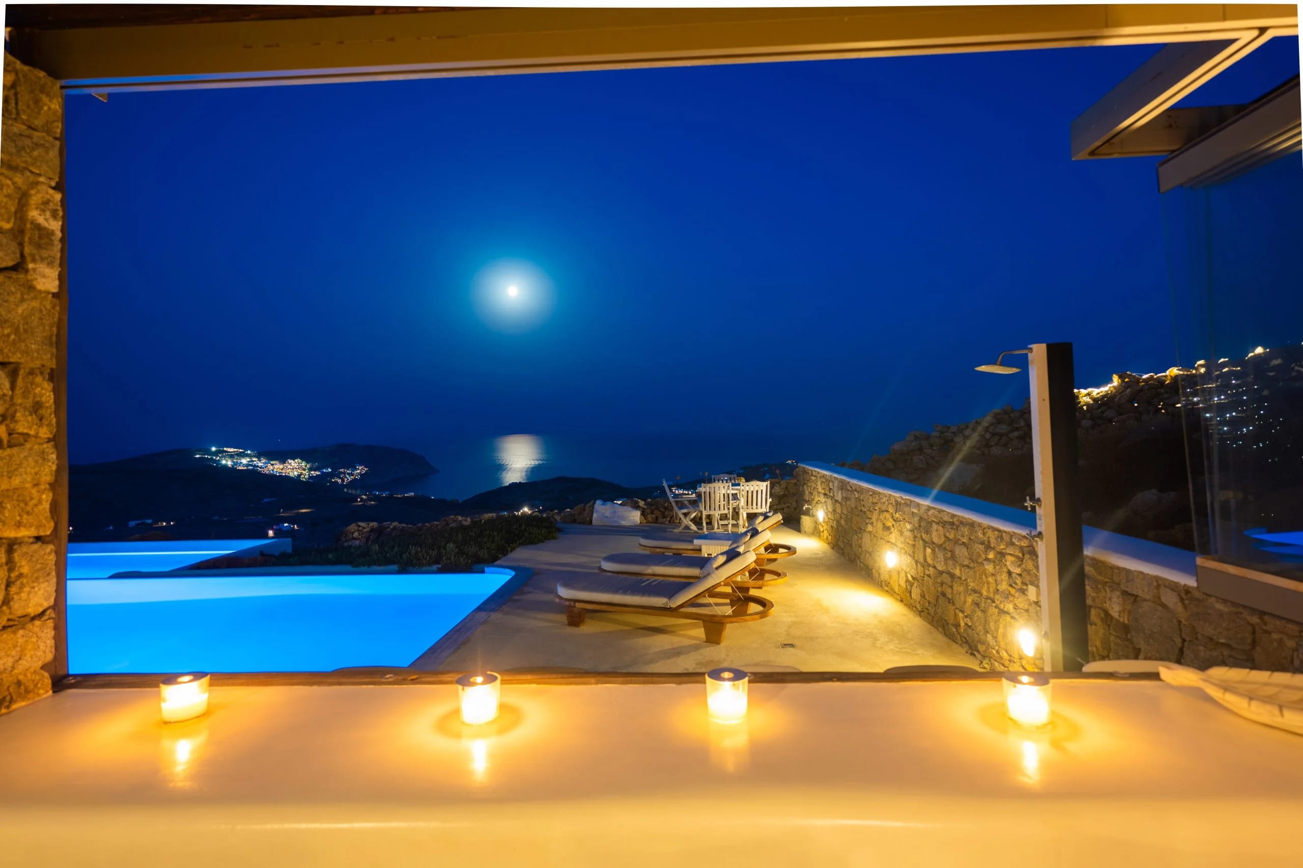 a pool with a building in the background