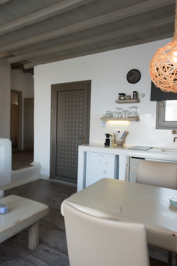 a kitchen with a dining table