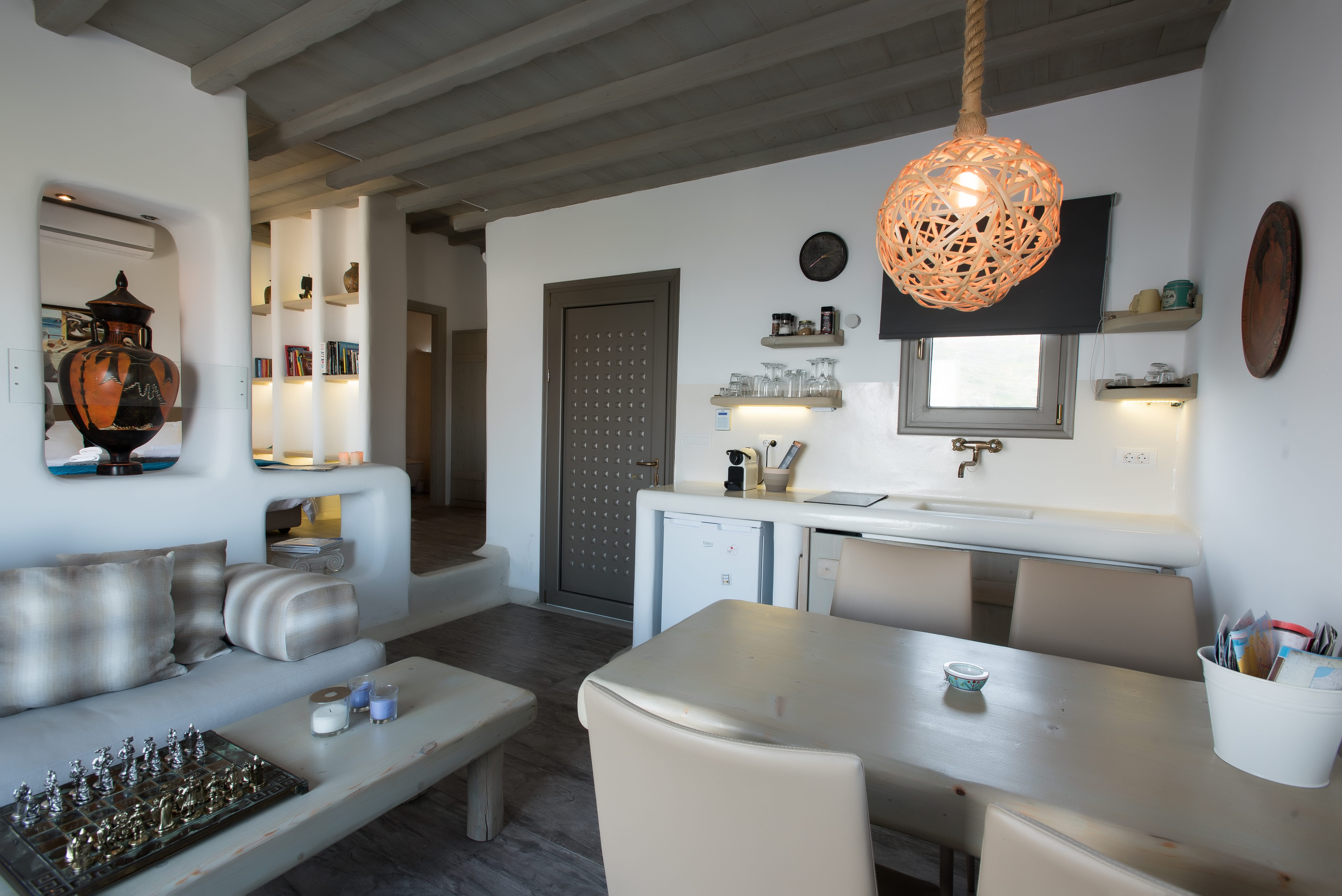 a kitchen with a dining table