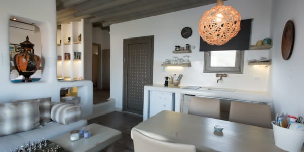 a kitchen with a dining table