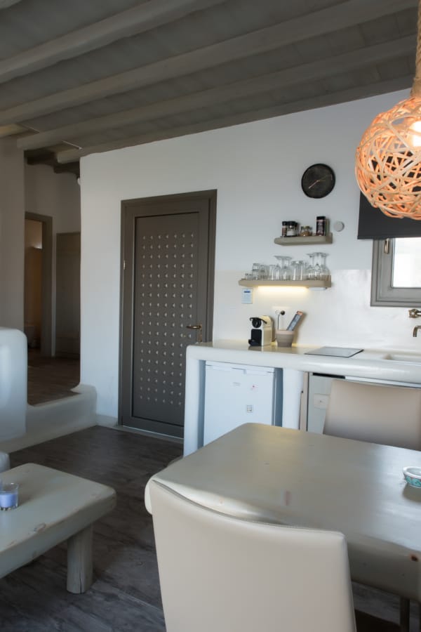 a kitchen with a dining table