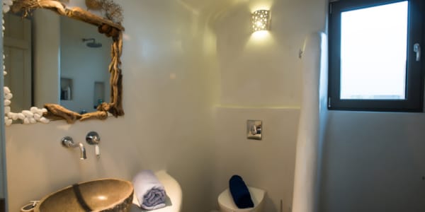 a bathroom with a large mirror