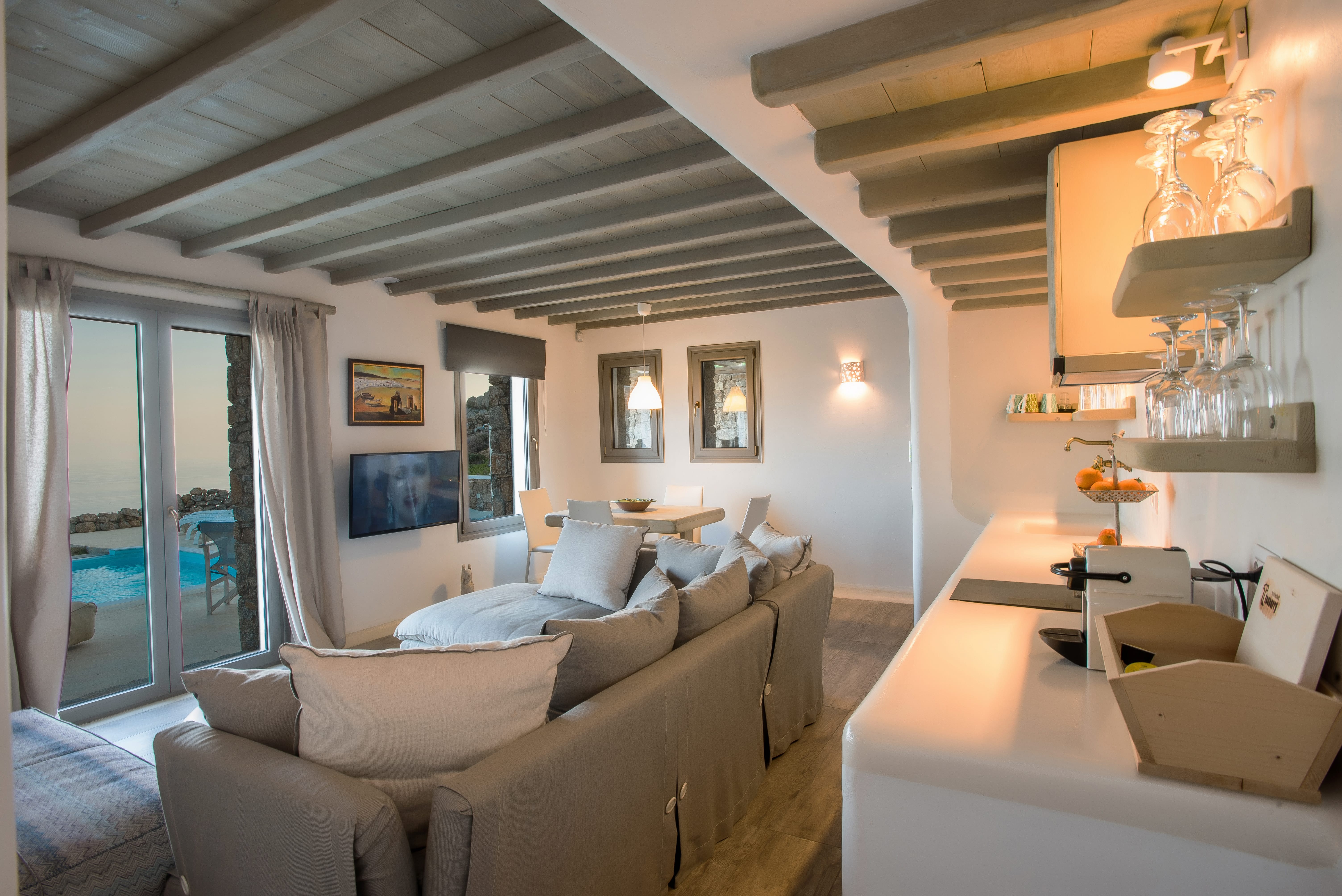 a living room with a couch and a table