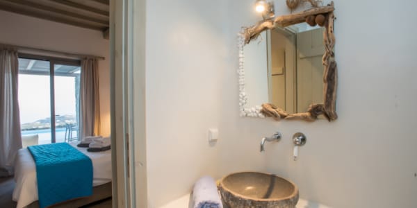 a bathroom with a large mirror