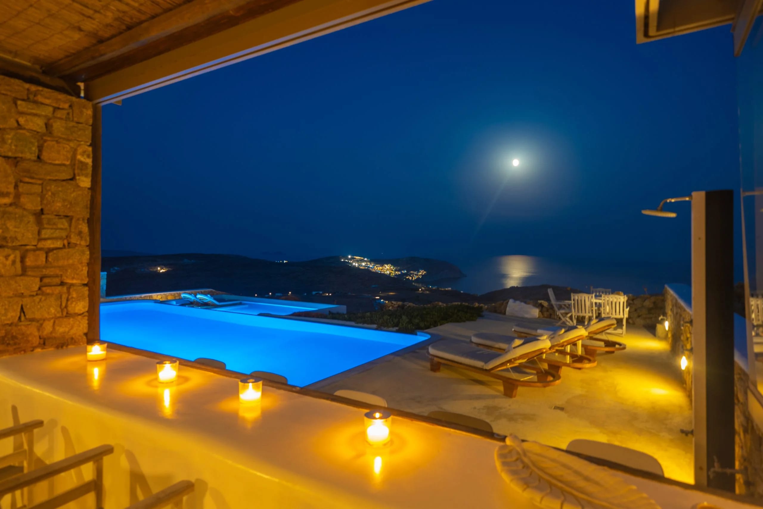 a pool with a view of the ocean and a city