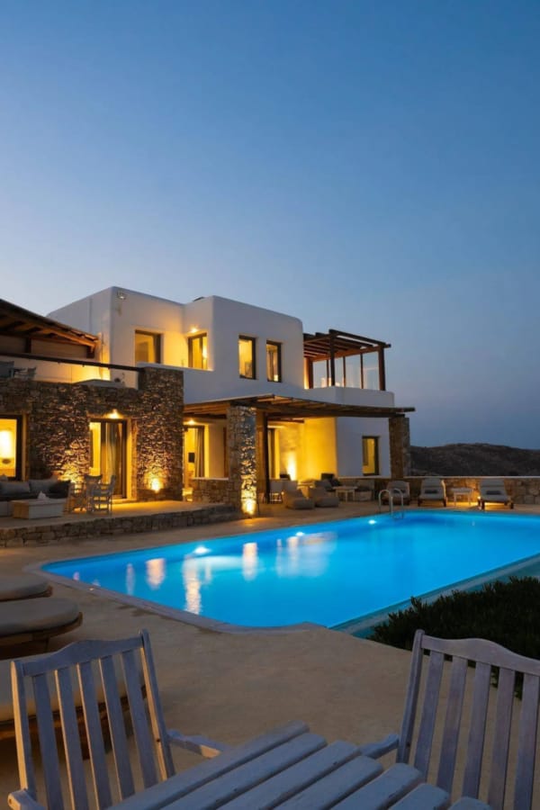 a house with a pool and a deck with chairs and a view of the ocean