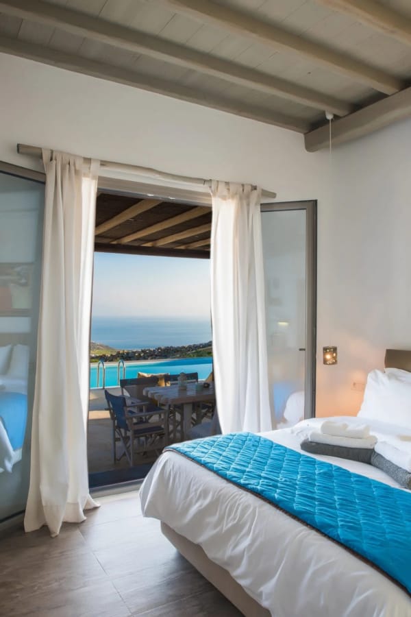 a bedroom with a large window