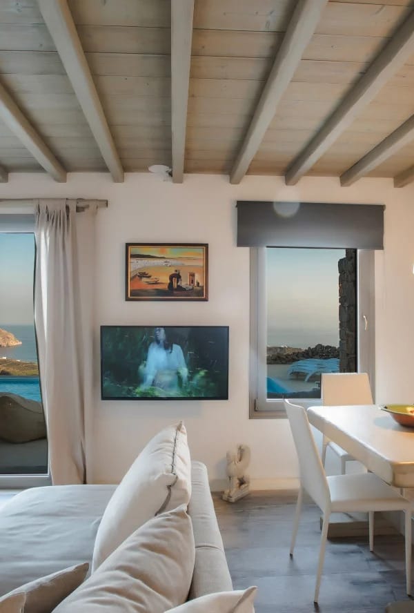 a living room with a couch and a table