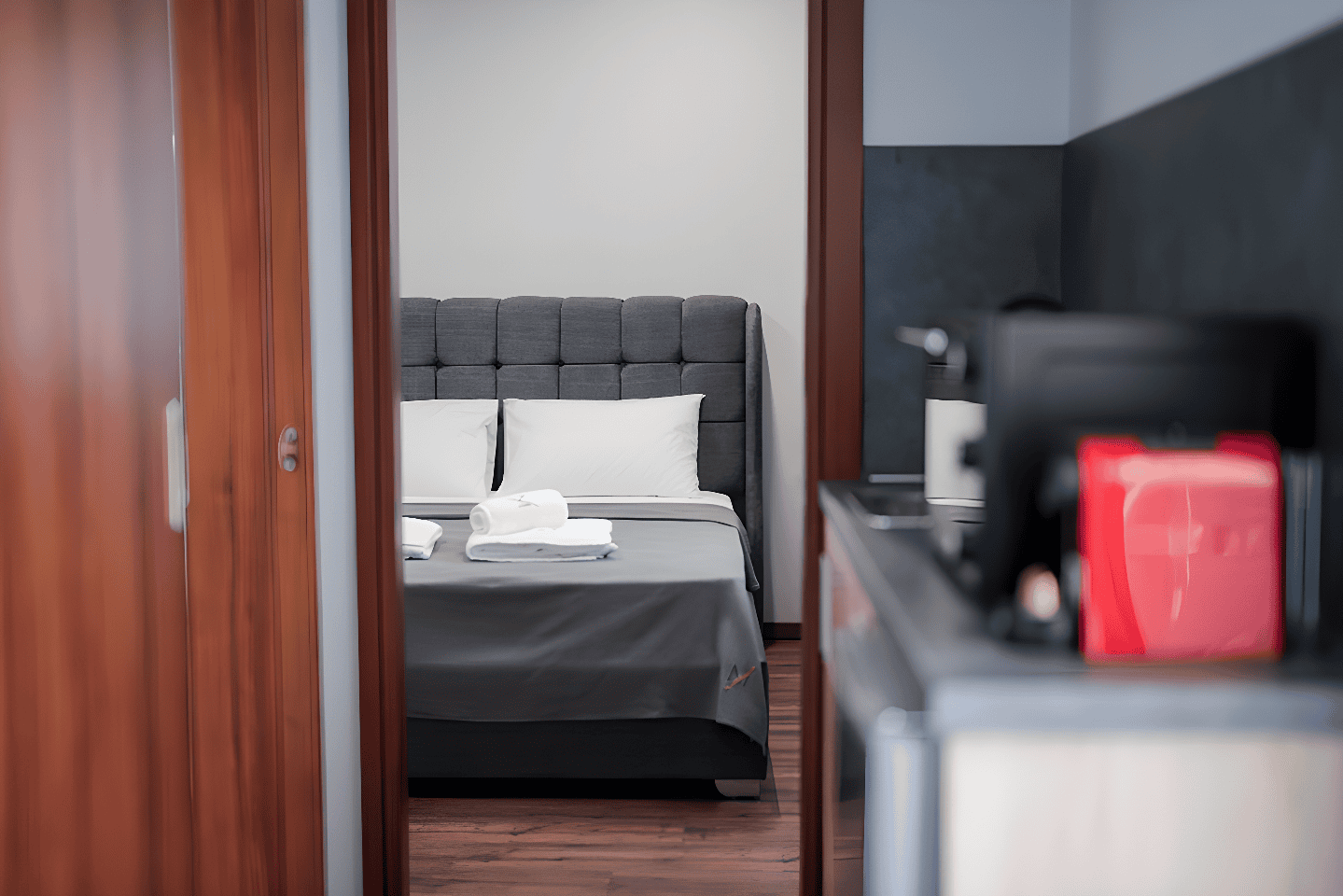 a room with a bed and a table