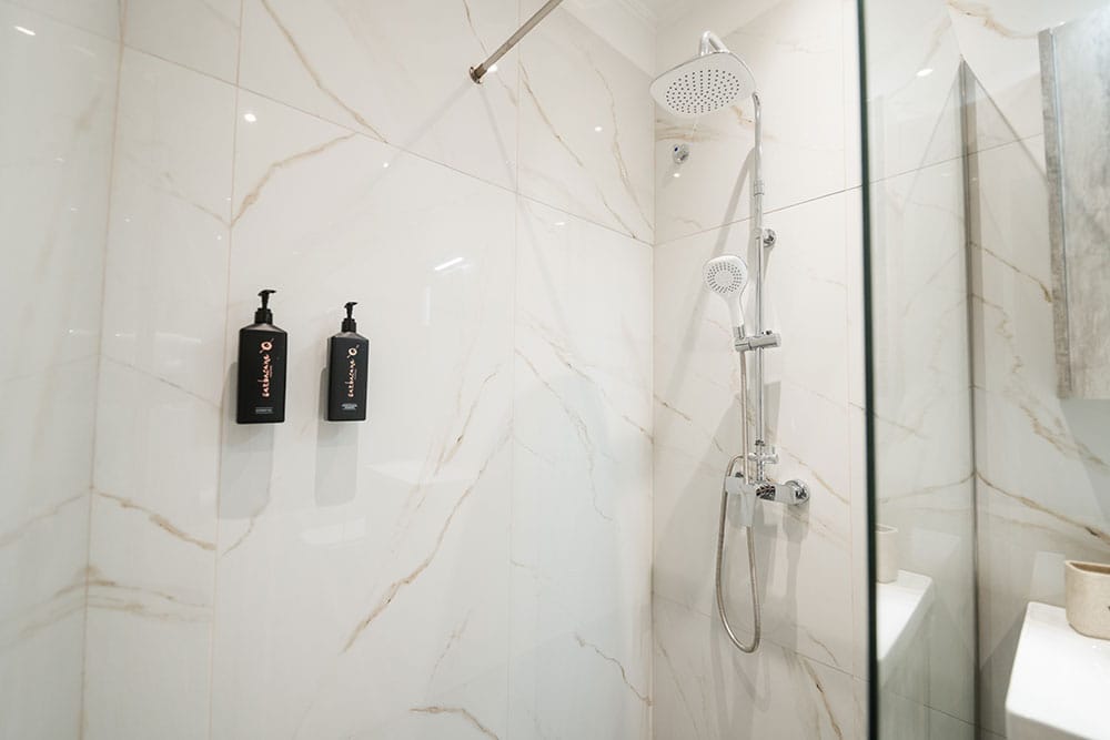 a shower with a shower head