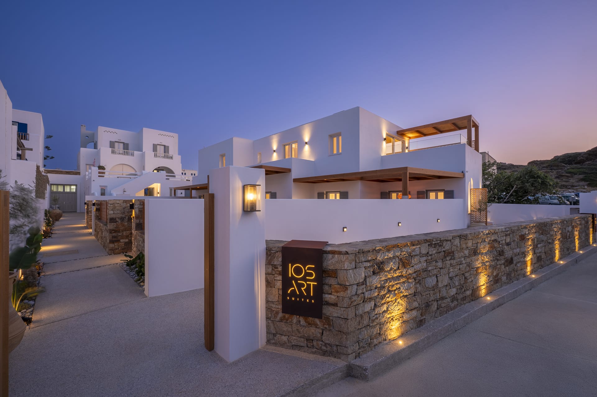 a building with lights on at night