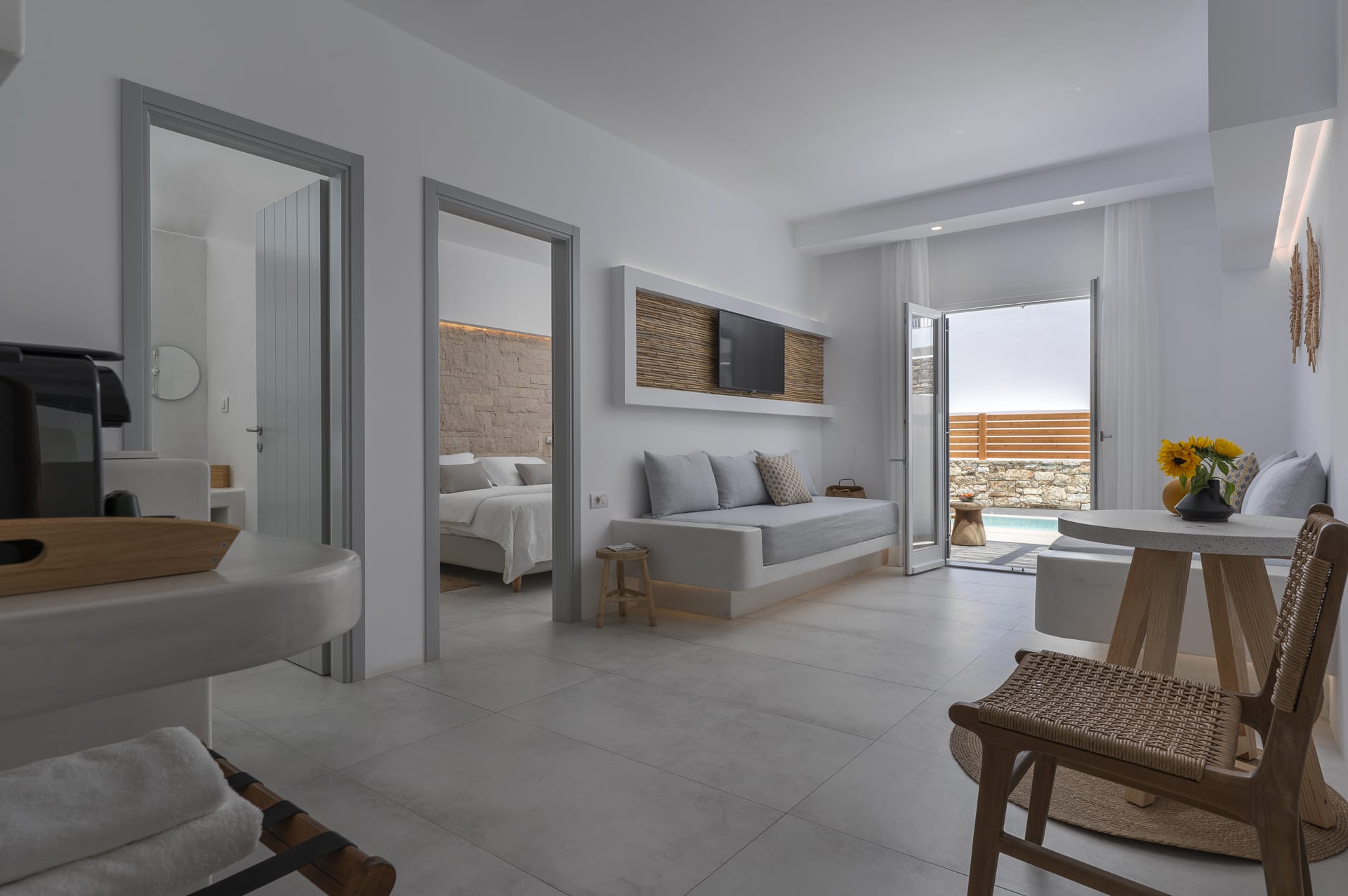 a living room with a large mirror