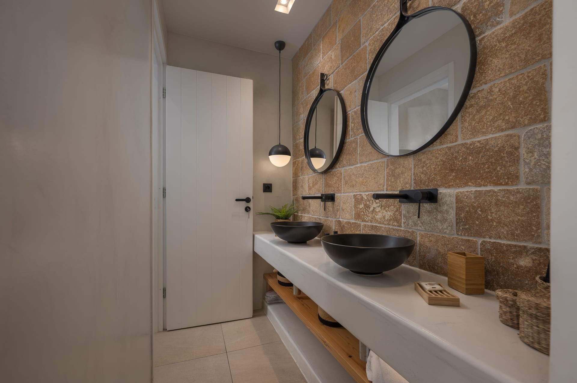 a bathroom with a large mirror