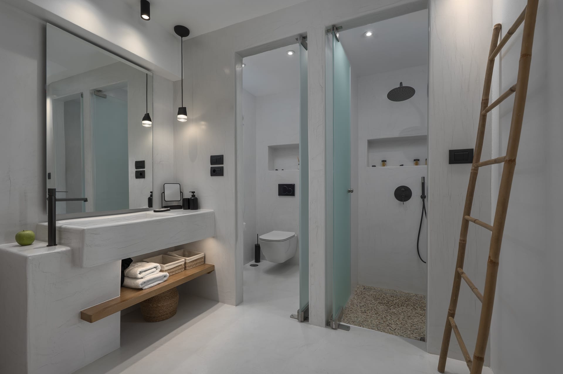 a bathroom with a shower and toilet