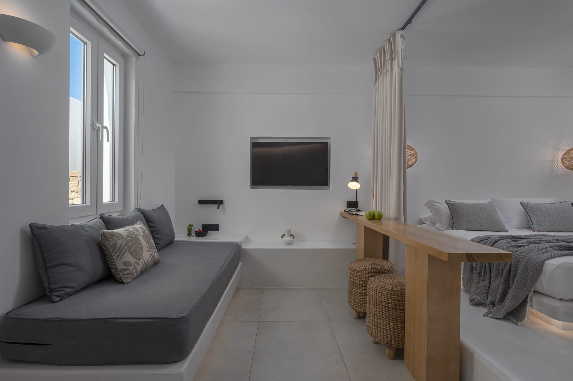 a room with a couch and a table