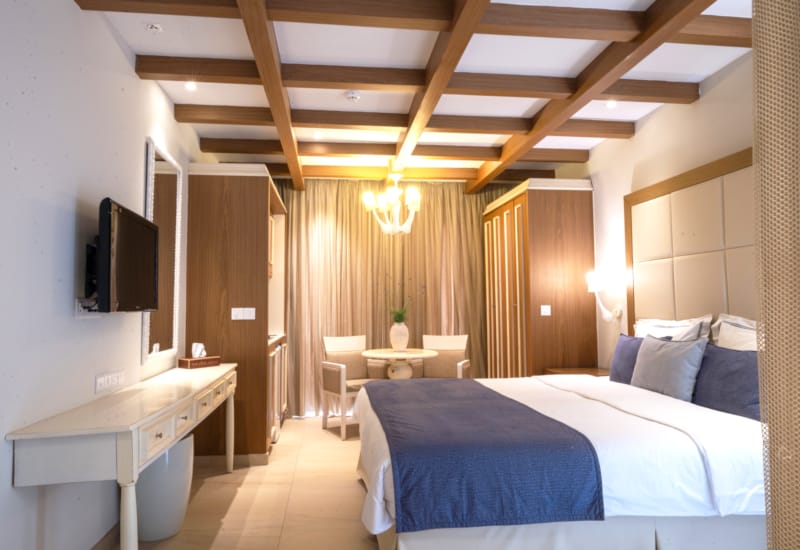 a room with a bed and a tv