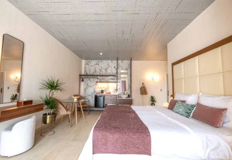 a bedroom with a large bed