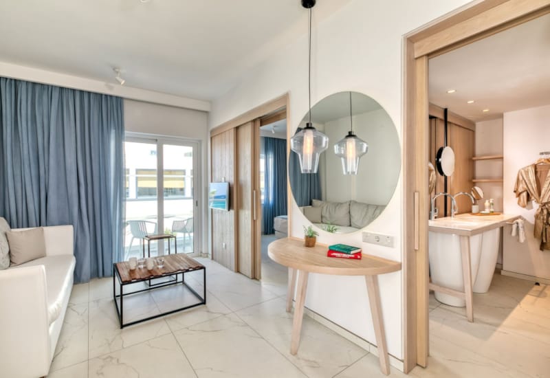 a bathroom with a large mirror