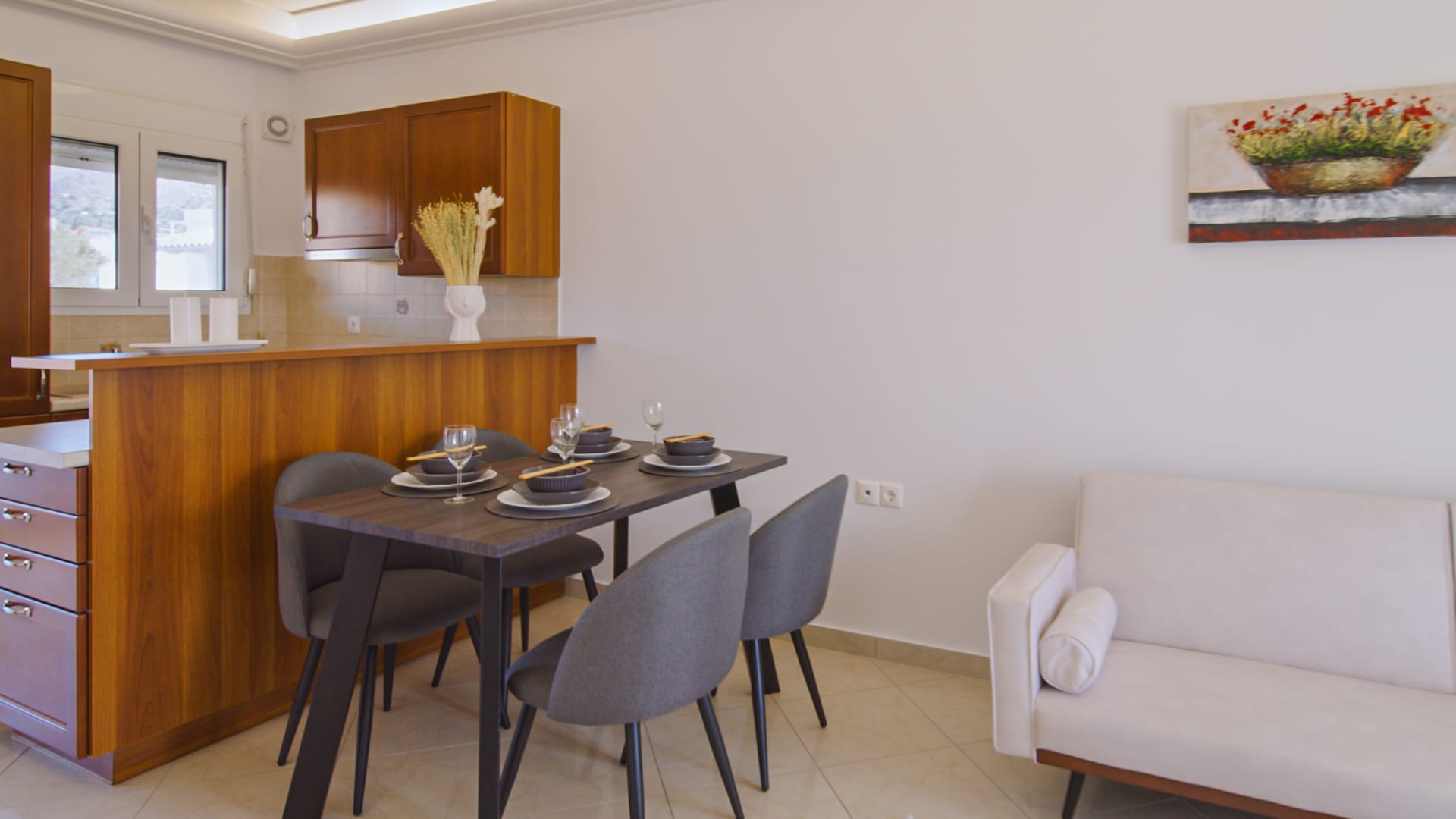 a dining room table with chairs